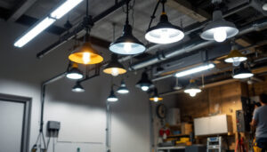 A photograph of a well-lit garage showcasing various modern light fixtures installed