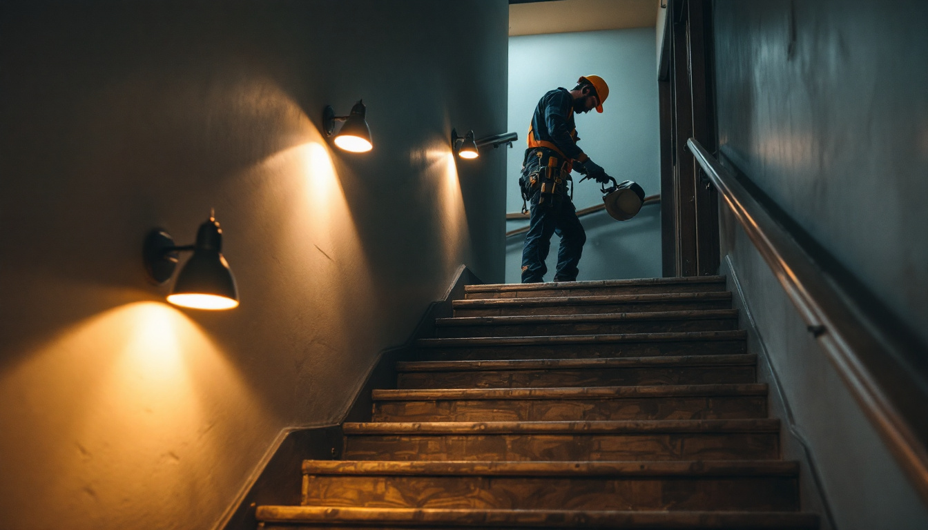 A photograph of a well-lit stairway featuring energy-efficient lighting solutions