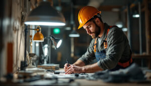 A photograph of a skilled lighting contractor working on a dynamic job site