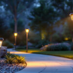 A photograph of a well-lit outdoor space featuring stylish solar post lights illuminating pathways and highlighting landscaping
