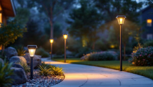 A photograph of a well-lit outdoor space featuring stylish solar post lights illuminating pathways and highlighting landscaping