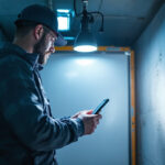 A photograph of a lighting contractor installing an led portable light inside a commercial freezer