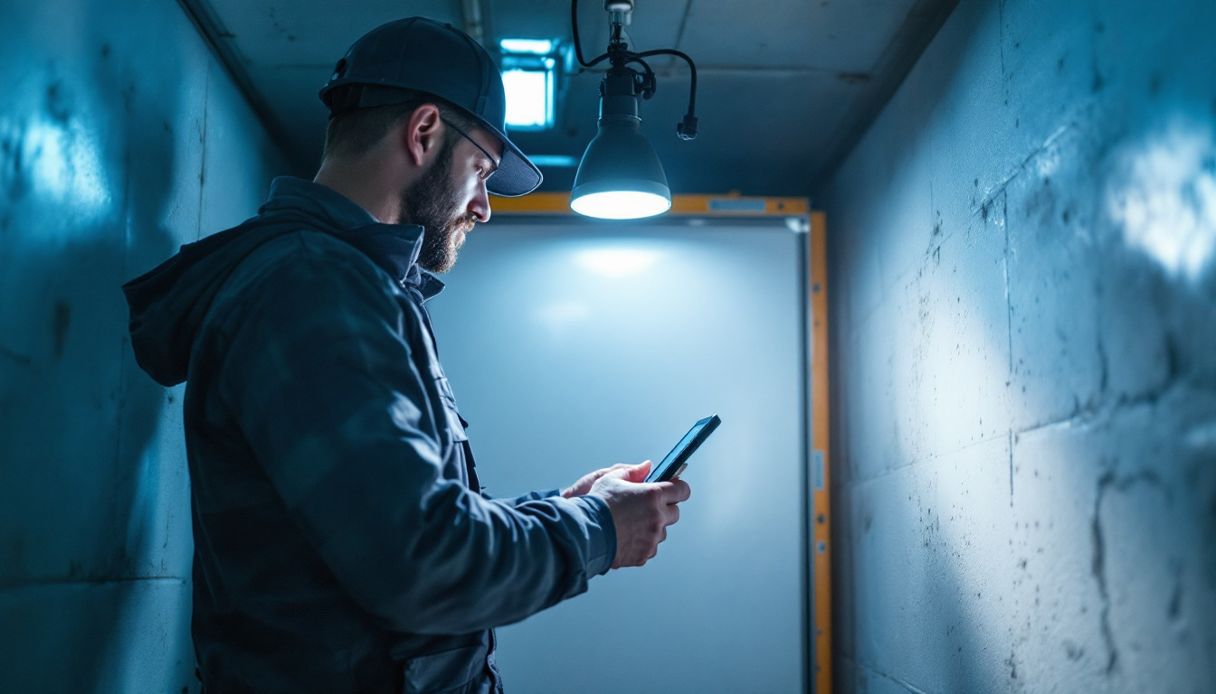 A photograph of a lighting contractor installing an led portable light inside a commercial freezer