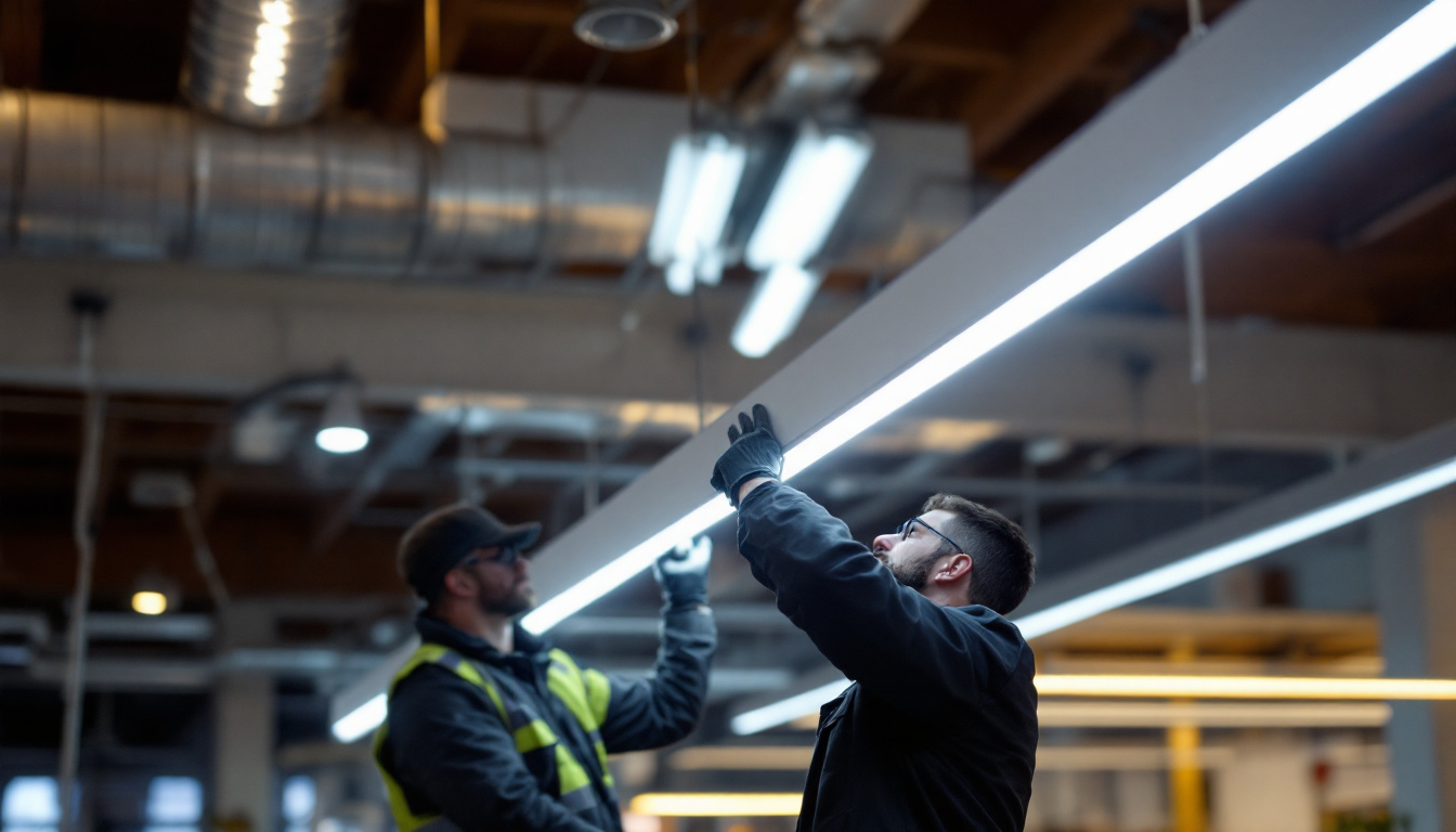 A photograph of a well-lit installation of a fluorescent ho light fixture in a commercial setting