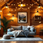 A photograph of a beautifully designed cabin interior showcasing a variety of lighting fixtures