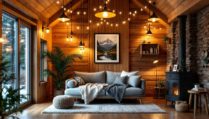 A photograph of a beautifully designed cabin interior showcasing a variety of lighting fixtures