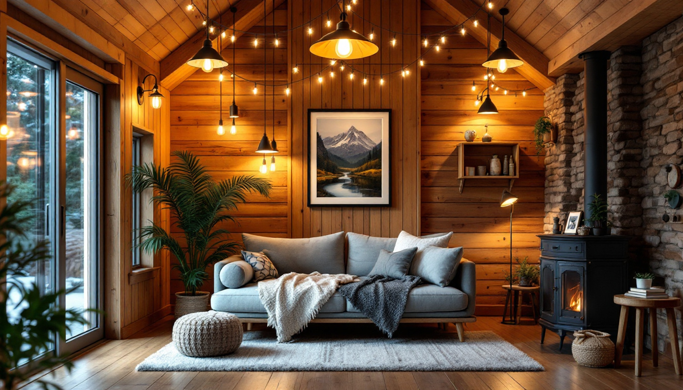 A photograph of a beautifully designed cabin interior showcasing a variety of lighting fixtures
