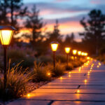 A photograph of a beautifully illuminated outdoor pathway featuring solar-powered lights