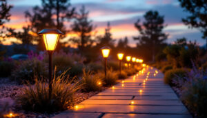 A photograph of a beautifully illuminated outdoor pathway featuring solar-powered lights