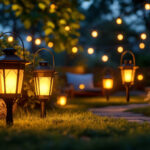 A photograph of a well-lit outdoor scene featuring solar lanterns prominently displayed