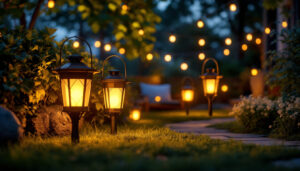 A photograph of a well-lit outdoor scene featuring solar lanterns prominently displayed