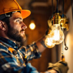 A photograph of a skilled lighting contractor expertly installing or adjusting a light bulb holder in a well-lit