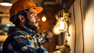 A photograph of a skilled lighting contractor expertly installing or adjusting a light bulb holder in a well-lit