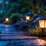 A photograph of a beautifully illuminated outdoor space at night featuring solar lights installed in a garden or pathway