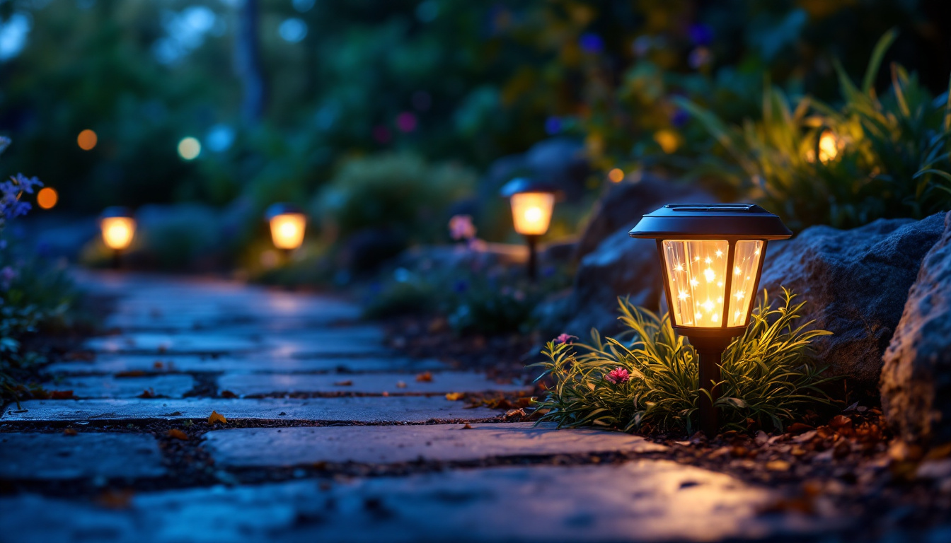 A photograph of a beautifully illuminated outdoor space at night featuring solar lights installed in a garden or pathway
