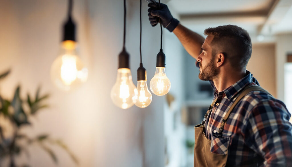A photograph of a lighting contractor installing energy-efficient led fixtures in a modern space