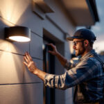 A photograph of a skilled lighting contractor installing solar wall lights on a residential exterior
