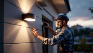 A photograph of a skilled lighting contractor installing solar wall lights on a residential exterior