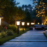 A photograph of a beautifully illuminated outdoor space featuring stylish solar-powered lights