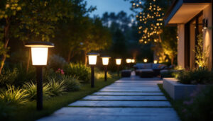 A photograph of a beautifully illuminated outdoor space featuring stylish solar-powered lights