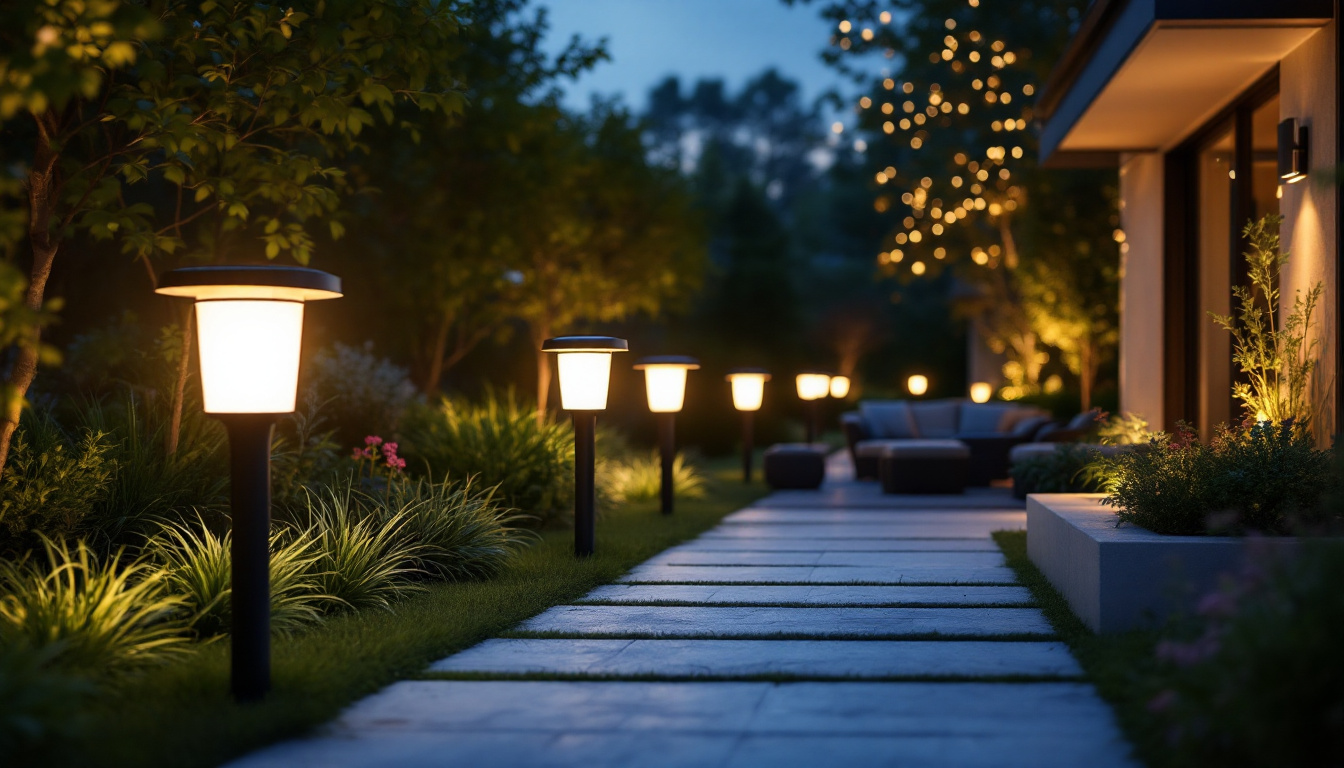 A photograph of a beautifully illuminated outdoor space featuring stylish solar-powered lights