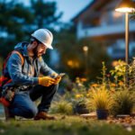 A photograph of a lighting contractor installing solar-powered lighting solutions in a vibrant outdoor setting