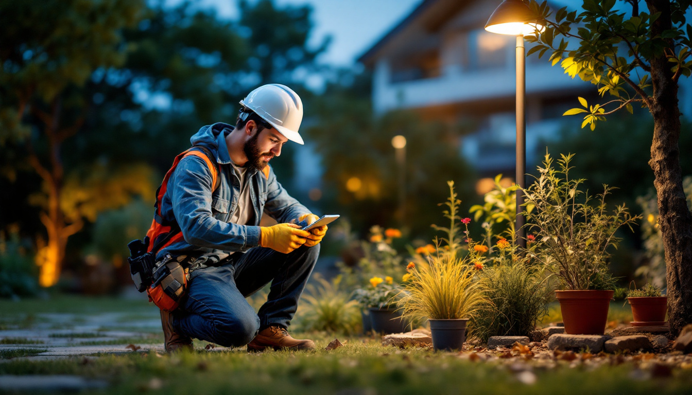 A photograph of a lighting contractor installing solar-powered lighting solutions in a vibrant outdoor setting