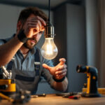 A photograph of a skilled lighting contractor installing or adjusting a 120v light bulb in a residential or commercial setting