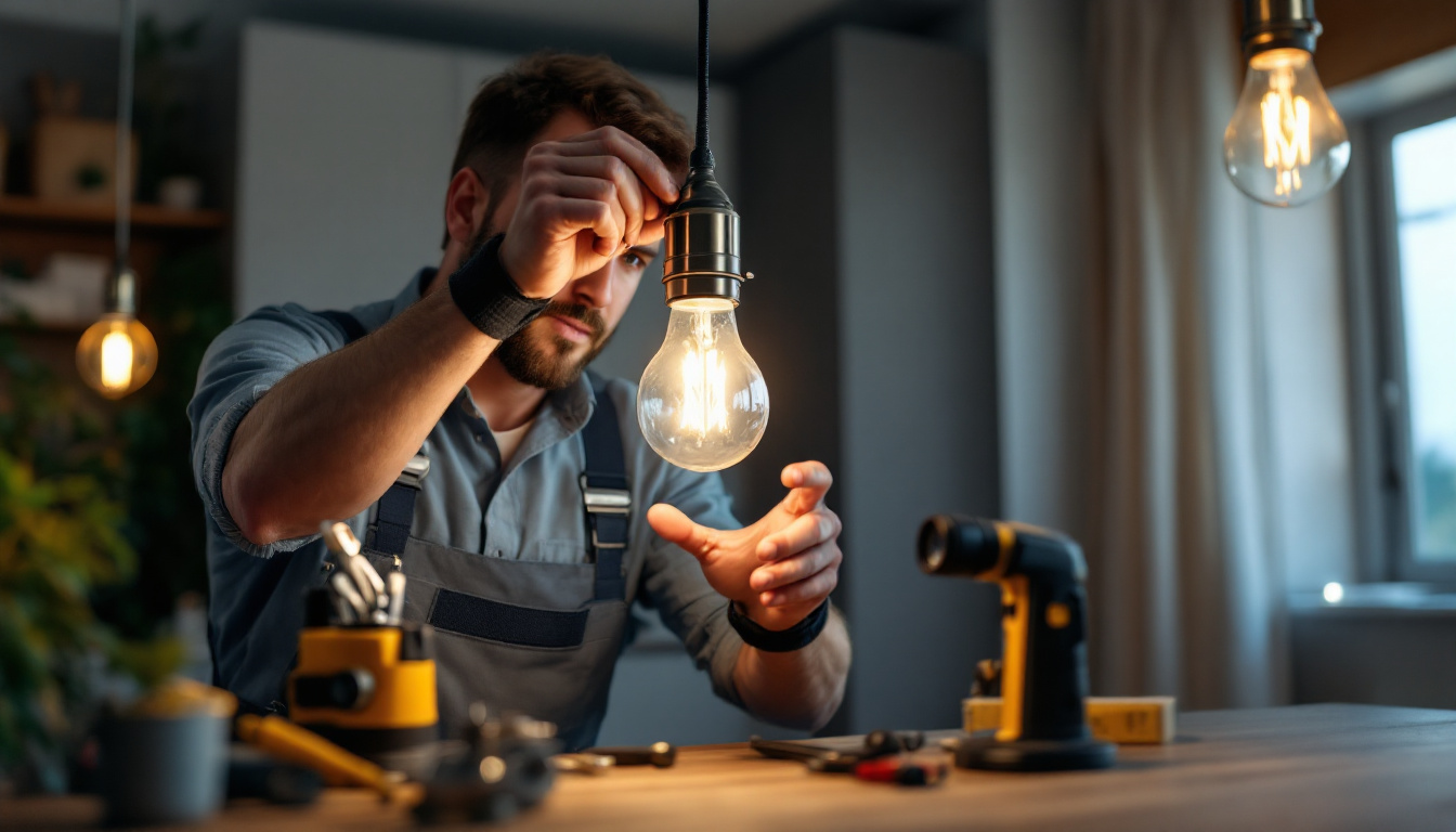 A photograph of a skilled lighting contractor installing or adjusting a 120v light bulb in a residential or commercial setting