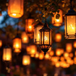 A photograph of a beautifully arranged outdoor setting featuring a variety of hanging lanterns