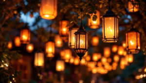A photograph of a beautifully arranged outdoor setting featuring a variety of hanging lanterns