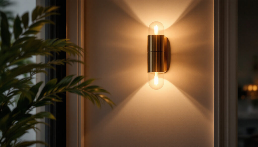 A photograph of a beautifully designed wall sconce in an elegantly lit interior setting