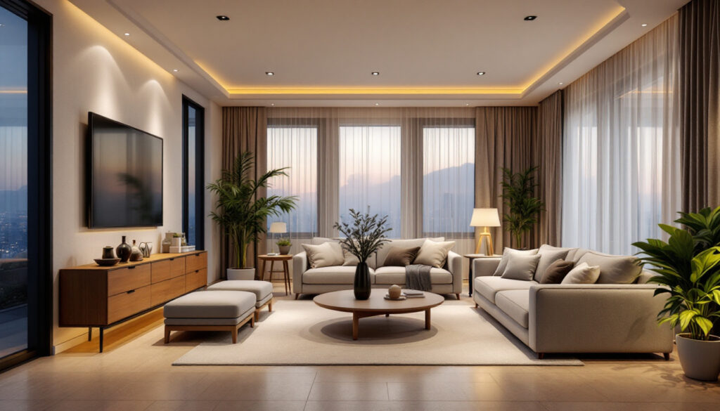 A photograph of a beautifully designed interior space featuring 3-inch recessed lighting fixtures that highlight the room's ambiance