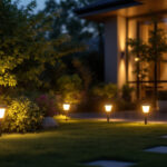 A photograph of a beautifully illuminated outdoor space featuring various styles of solar-powered house lights in use