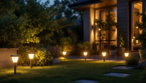 A photograph of a beautifully illuminated outdoor space featuring various styles of solar-powered house lights in use