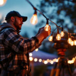 A photograph of a skilled lighting contractor expertly installing string lights at an outdoor event