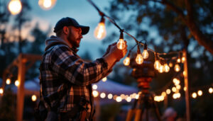 A photograph of a skilled lighting contractor expertly installing string lights at an outdoor event