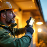 A photograph of a lighting contractor installing or adjusting outdoor flood lamps in a residential or commercial setting