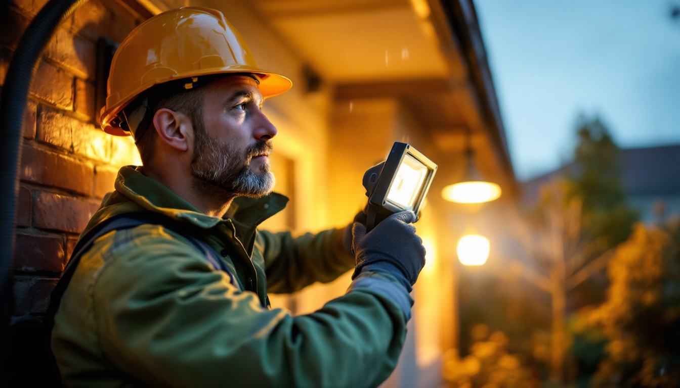 A photograph of a lighting contractor installing or adjusting outdoor flood lamps in a residential or commercial setting