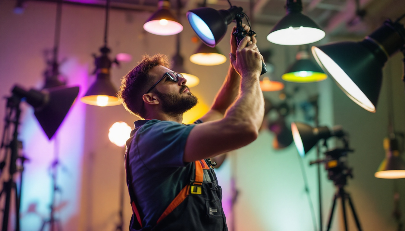 A photograph of a lighting contractor meticulously adjusting various light fixtures in a well-lit space