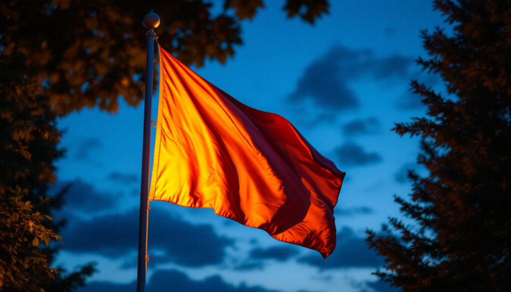 A photograph of a beautifully illuminated flag at dusk