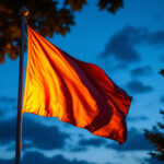 A photograph of a beautifully illuminated flag at dusk