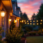 A photograph of a lighting contractor installing led outdoor lights in a residential setting during twilight