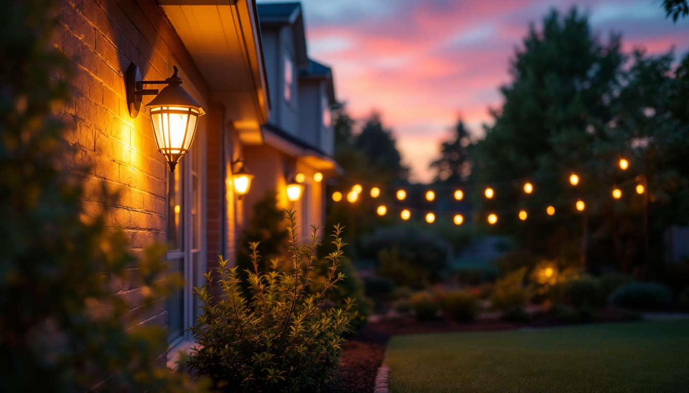 A photograph of a lighting contractor installing led outdoor lights in a residential setting during twilight