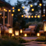 A photograph of a beautifully arranged outdoor setting featuring various styles of led solar lanterns illuminating a garden or patio space at dusk