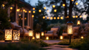 A photograph of a beautifully arranged outdoor setting featuring various styles of led solar lanterns illuminating a garden or patio space at dusk