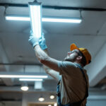 A photograph of a skilled lighting contractor installing a fluorescent ho light fixture in a commercial space
