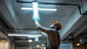 A photograph of a skilled lighting contractor installing a fluorescent ho light fixture in a commercial space