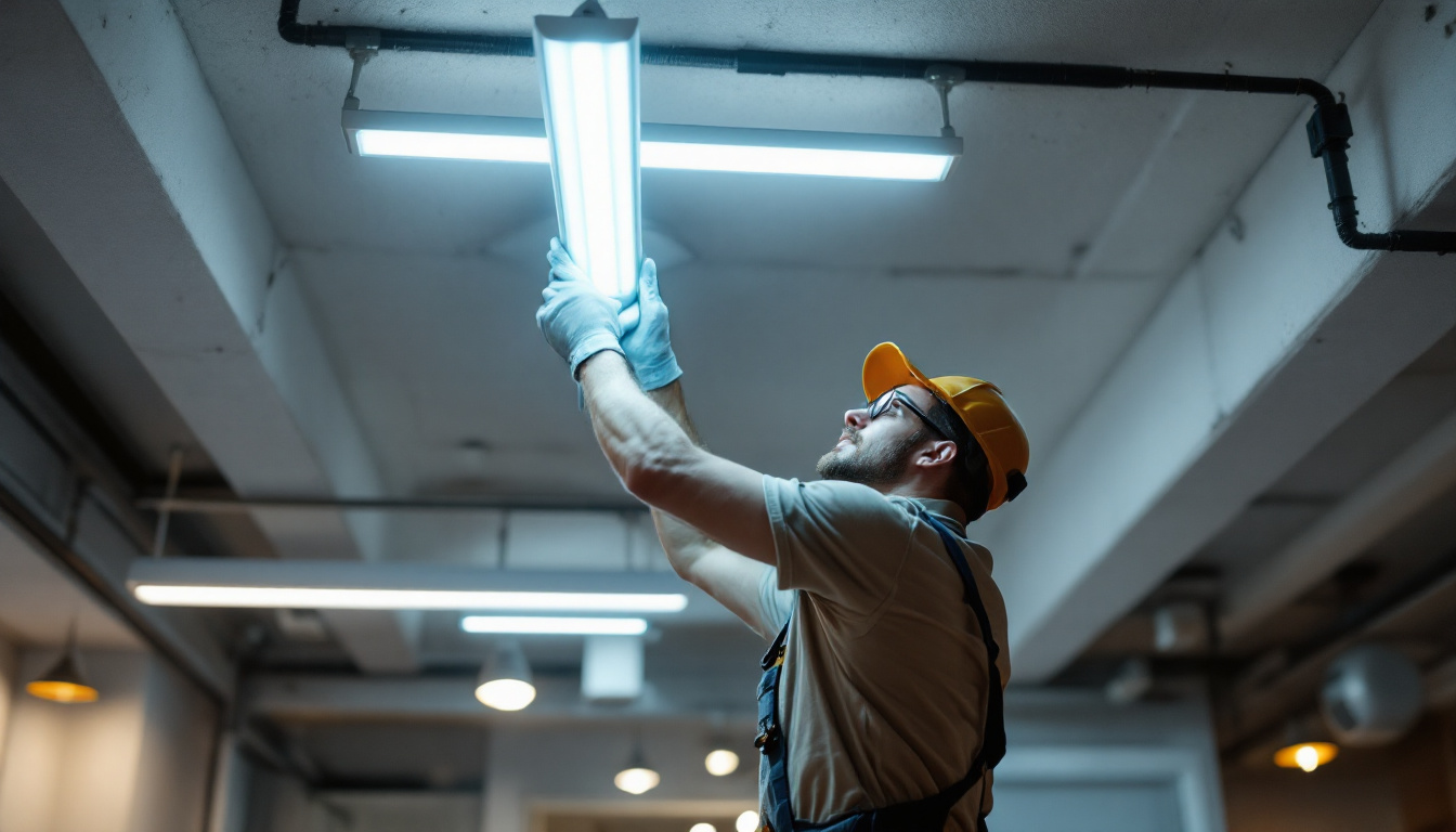 A photograph of a skilled lighting contractor installing a fluorescent ho light fixture in a commercial space