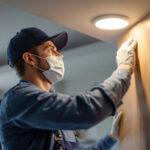 A photograph of a lighting contractor expertly installing recessed led downlights in a modern home setting